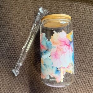 Custom watercolor 16oz glass tumbler w straw & lid